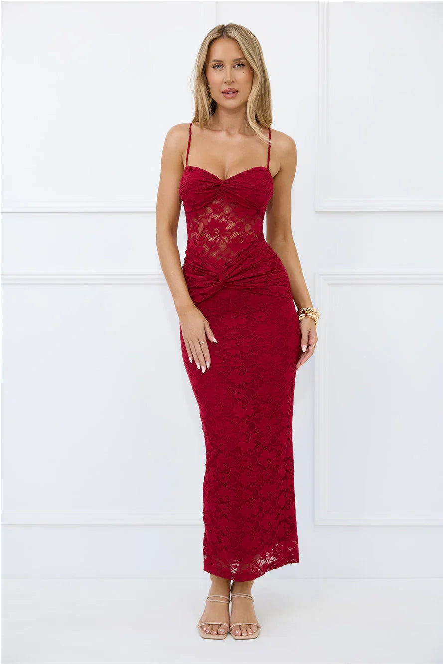 Chic After Dark Lace Maxi Dress Burgundy